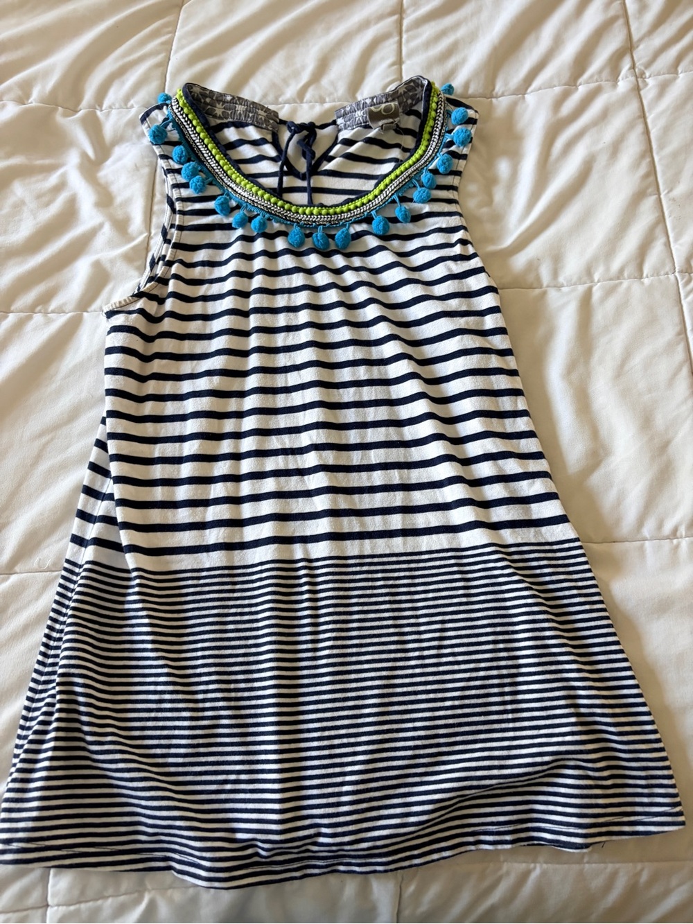 Anthropologie Navy & White Striped Tank with Turquoise Pom Trim